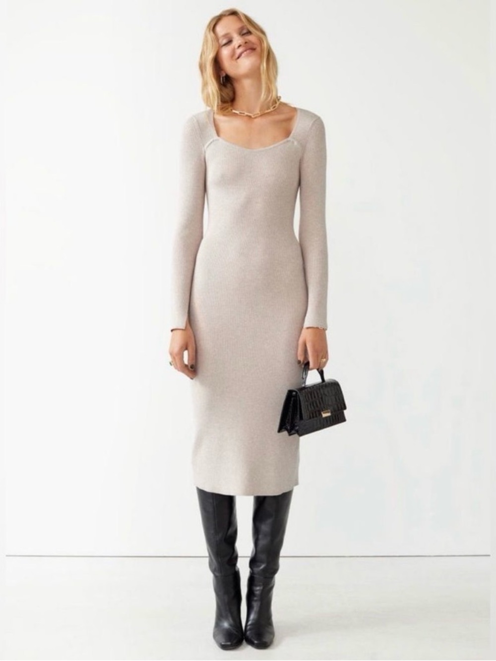 LA Atelier & Other Stories Sweetheart Slim Ribbed Dress in Neutral Stone Medium